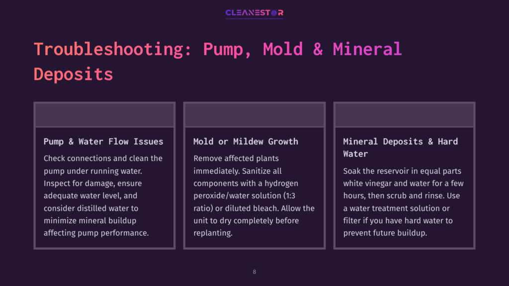 8 Troubleshooting Pump Mold And Mineral Deposits Troubleshooting Guide For Pump, Mold, And Mineral Deposits On A Cleanestor Device. Sections Cover Pump/Water Flow Issues, Mold/Mildew Growth, And Mineral Deposits With Hard Water.