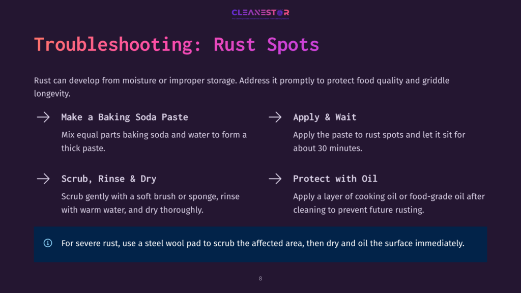 Troubleshooting Rust Spots On A Griddle: Steps Include Making A Baking Soda Paste, Applying And Waiting, Scrubbing With A Soft Brush, And Protecting With Oil.