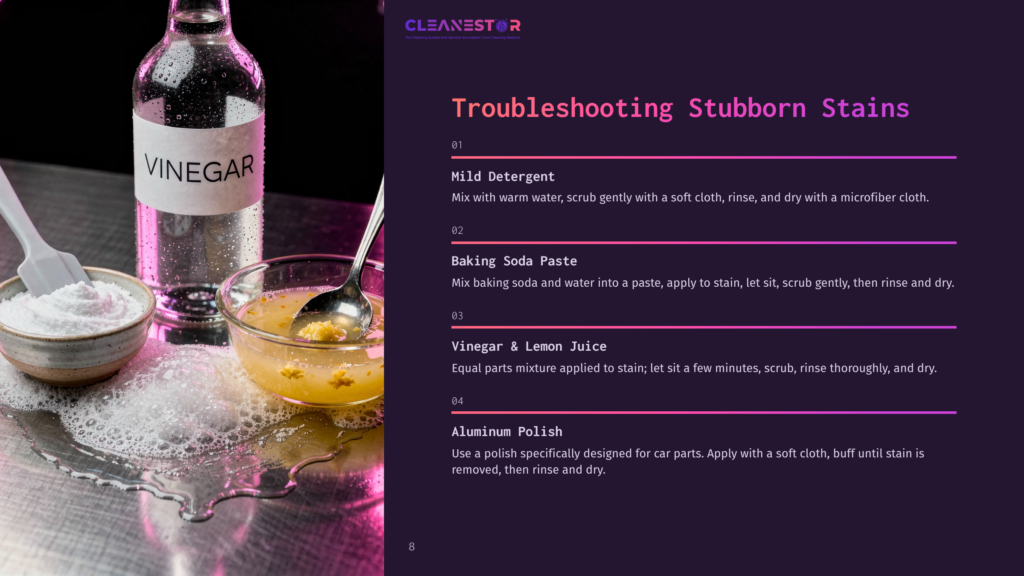 A Bottle Of White Vinegar Sits Next To A Glass Bowl Filled With A Yellow Liquid And Small Yellow Pieces, With A White Powder And Foam On A Metal Surface. Text Reads &Quot;Cleanestor&Quot; And &Quot;Troubleshooting Stubborn Stains&Quot;.