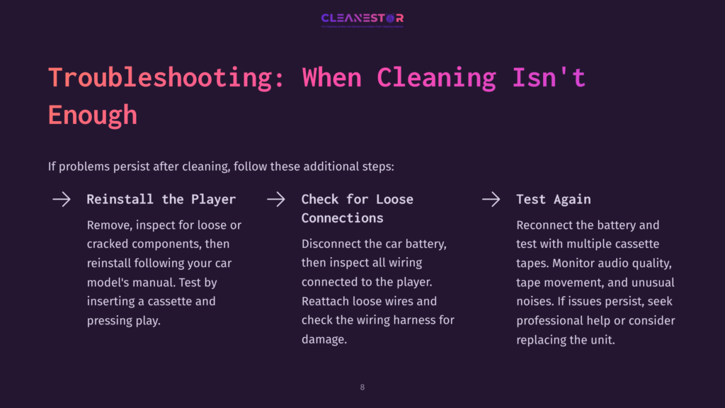 Troubleshooting Guide: Reinstall The Player, Check For Loose Connections, And Test Again. The Image Displays Troubleshooting Steps For When Cleaning Isn'T Enough.
