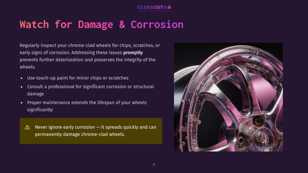 Close-Up Of A Chrome-Clad Wheel With Visible Signs Of Corrosion And Minor Damage, Highlighting The Need For Prompt Inspection And Repair To Prevent Further Deterioration.