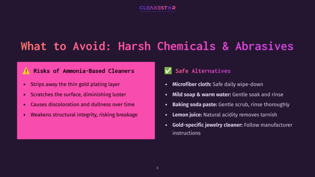 8 What To Avoid Harsh Chemicals And Abrasives Slide Titled &Quot;What To Avoid: Harsh Chemicals &Amp; Abrasives&Quot; With Two Columns: &Quot;Risks Of Ammonia-Based Cleaners&Quot; Listing Negative Effects And &Quot;Safe Alternatives&Quot; Suggesting Microfiber Cloth, Mild Soap, Baking Soda Paste, Lemon Juice, And Gold-Specific Jewelry Cleaner.