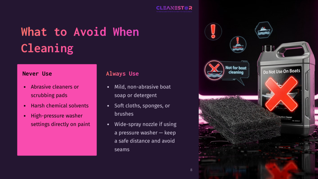 A Dark Pink Section Of A Presentation Slide Lists &Quot;What To Avoid When Cleaning&Quot; With Bullet Points: Abrasive Cleaners, Harsh Solvents, And High-Pressure Washers. To The Right, A Large Bottle Labeled &Quot;Do Not Use On Boats&Quot; With A Red &Quot;X&Quot; Over A Boat Graphic Is Shown Next To A Coarse Cleaning Sponge.