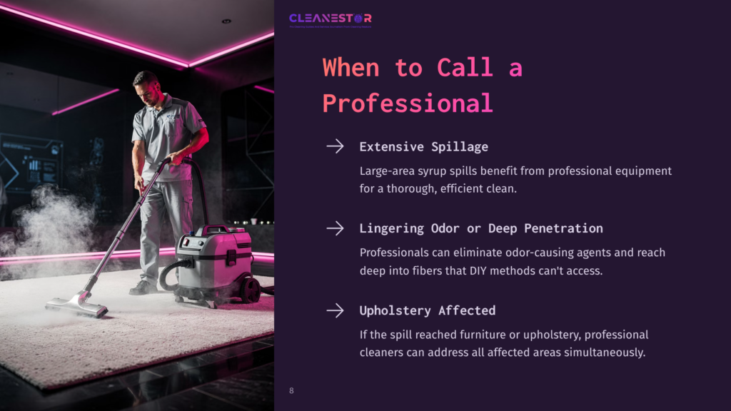 A Professional Cleaner Uses A Powerful Vacuum Cleaner To Clean A Rug, With Steam Rising From The Carpet. The Image Is Part Of A Presentation Titled &Quot;When To Call A Professional,&Quot; Highlighting The Benefits Of Professional Cleaning For Extensive Spills, Lingering Odors, And Affected Upholstery.