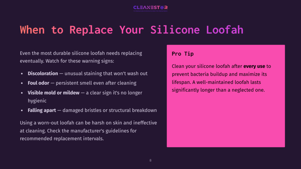 When To Replace Your Silicone Loofah: Discoloration, Foul Odor, Visible Mold, Or Falling Apart. Pro Tip: Clean Loofah After Every Use To Maximize Lifespan.
