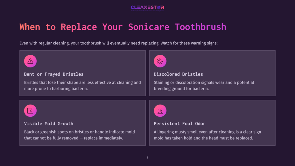 Infographic Detailing When To Replace Your Sonicare Toothbrush: Bent Bristles, Discoloration, Mold Growth, And Foul Odor.
