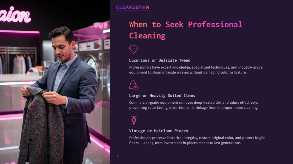 A Man In A Suit Holds A Gray Tweed Coat In A Brightly Lit Laundromat, With Professional Cleaning Text Visible On The Right.