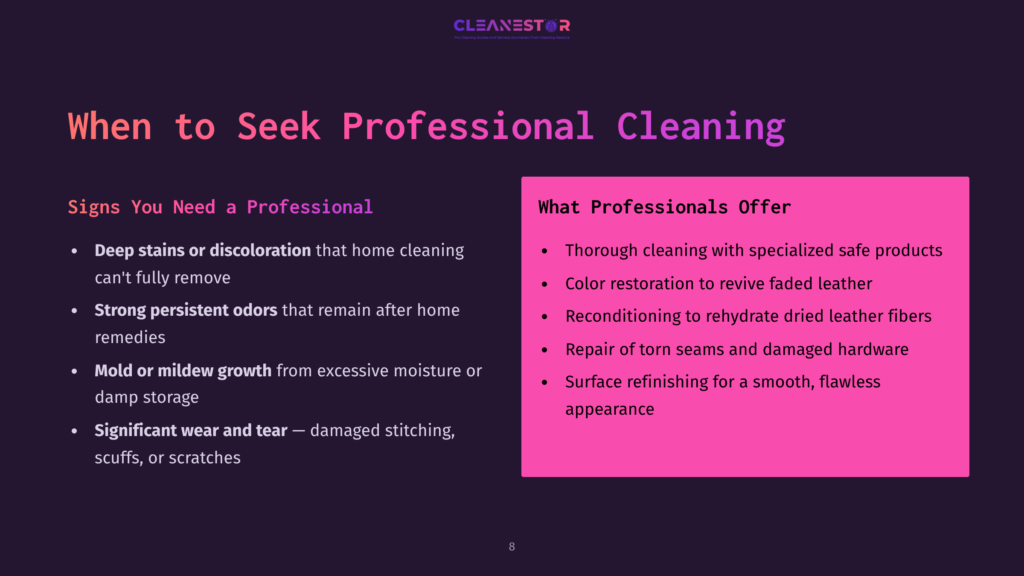 Slide Titled &Quot;When To Seek Professional Cleaning,&Quot; Listing Signs Like Deep Stains, Persistent Odors, Mold, And Wear, And Professional Services Like Color Restoration And Leather Repair.