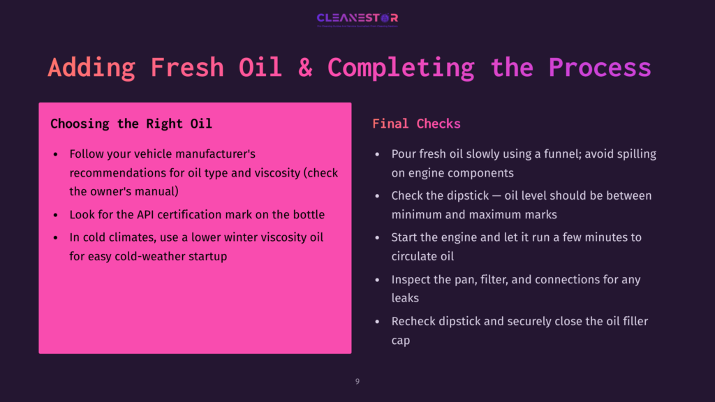 Presentation Slide Titled &Quot;Adding Fresh Oil &Amp; Completing The Process&Quot; With Two Columns: &Quot;Choosing The Right Oil&Quot; And &Quot;Final Checks.&Quot; The Left Column Lists Tips For Selecting Oil, And The Right Column Details Steps For Adding Oil And Checking For Leaks.