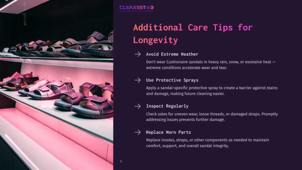 9 Additional Care Tips For Longevity A Shelf Of Cushionaire Sandals In Various Colors And Styles, With A Pinkish-Purple Light Illuminating Them. Text Overlay Reads &Quot;Cleanestor&Quot; And &Quot;Additional Care Tips For Longevity.