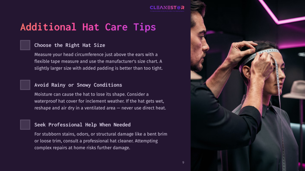A Hat Maker Measures A Customer'S Head With A Tape Measure, With Text Overlaying The Left Side Of The Image Providing Tips On Choosing The Right Hat Size, Avoiding Rain, And Seeking Professional Hat Cleaning.