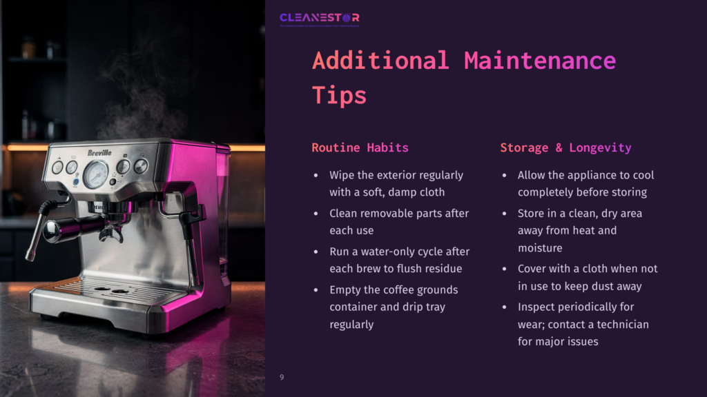 A Gleaming Stainless Steel Breville Espresso Machine With Pink Lighting, Next To A Dark Purple Slide With Text: &Quot;Cleanestor Additional Maintenance Tips Routine Habits Storage &Amp; Longevity&Quot;.