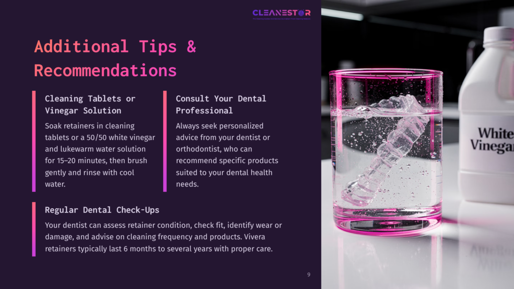 9 Additional Tips And Recommendations A Clear Retainer Is Soaking In A Glass Of Pink Liquid, With A Bottle Of White Vinegar In The Background. Text Overlays Provide Tips For Retainer Care, Including &Quot;Cleaning Tablets Or Vinegar Solution&Quot; And &Quot;Consult Your Dental Professional.