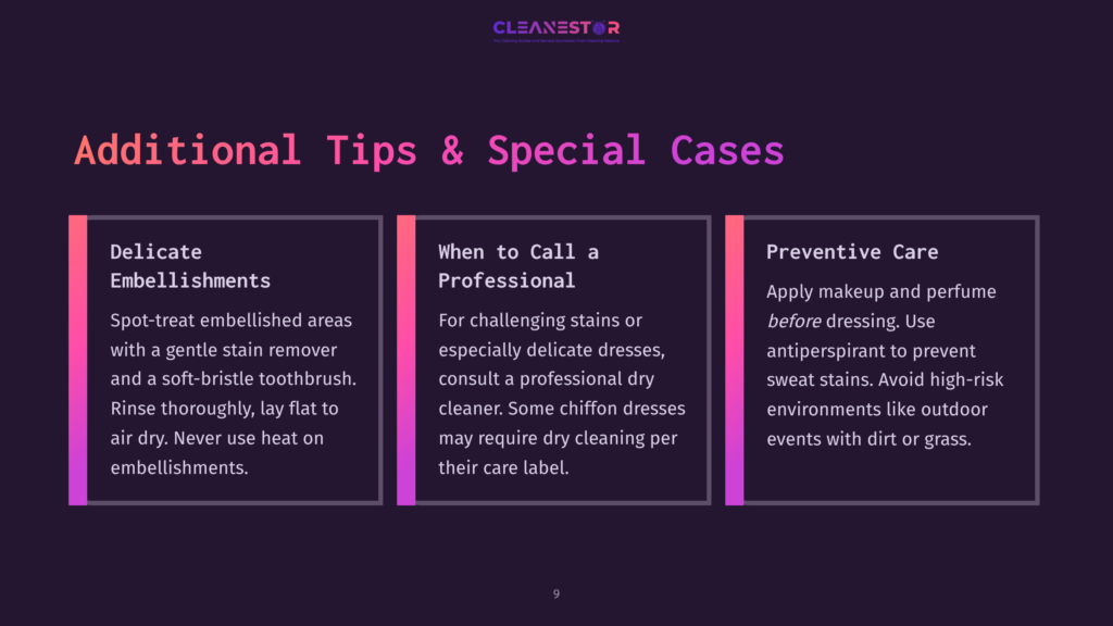 A Dark Purple Background Features Three Columns Of Text With Titles: &Quot;Delicate Embellishments,&Quot; &Quot;When To Call A Professional,&Quot; And &Quot;Preventive Care.&Quot; The Text Provides Tips For Garment Care, Including Cleaning, Stain Removal, And Protecting Clothes From Sweat.