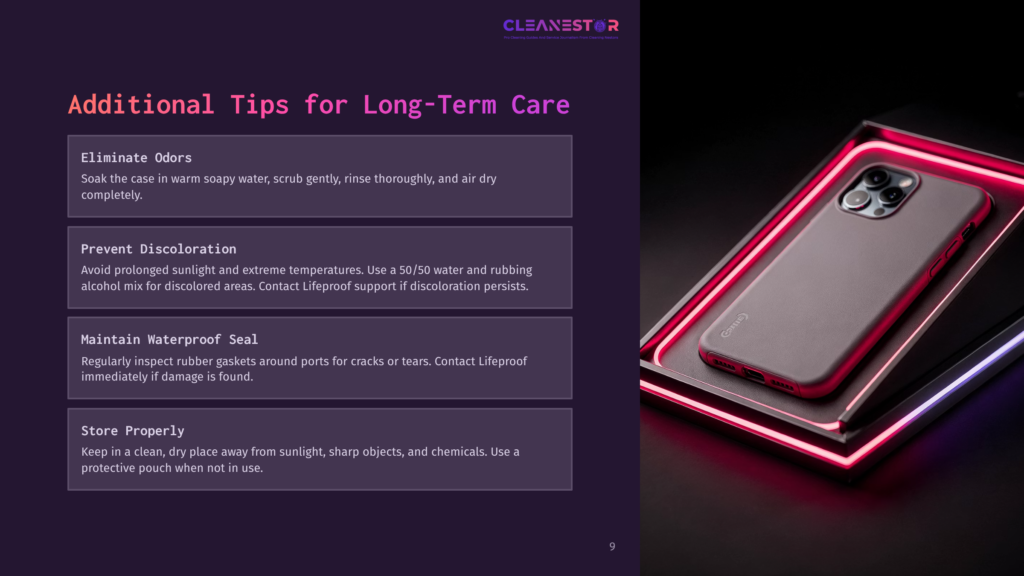A Dark Gray Phone Case With A Subtle Texture Rests Inside A Sleek Black Box With Glowing Pink And Purple Neon Lights. The Text &Quot;Cleanestar&Quot; Is Visible At The Top Of The Image.