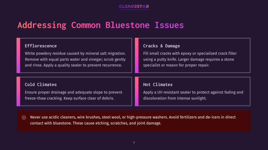 Addressing Common Bluestone Issues: Efflorescence, Cracks &Amp; Damage, Cold Climates, And Hot Climates. Includes Tips On Sealing And Avoiding Damaging Cleaners.