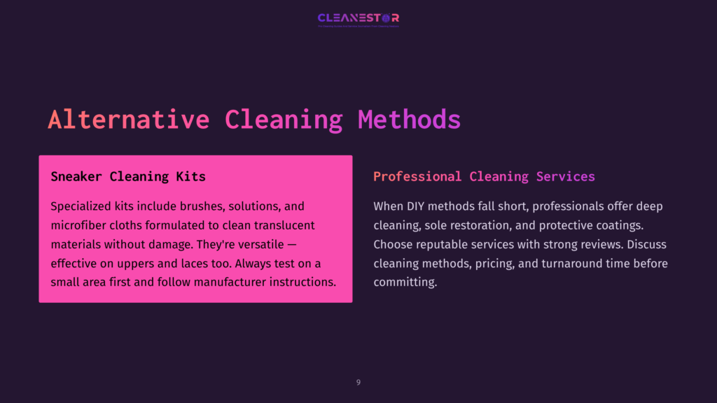 9 Alternative Cleaning Methods Dark Purple Background With The Title &Quot;Alternative Cleaning Methods&Quot; In Large, Colorful Text. Left Side Features &Quot;Sneaker Cleaning Kits&Quot; In Pink Box With Descriptive Text. Right Side Has &Quot;Professional Cleaning Services&Quot; In Orange Text With Descriptive Text.