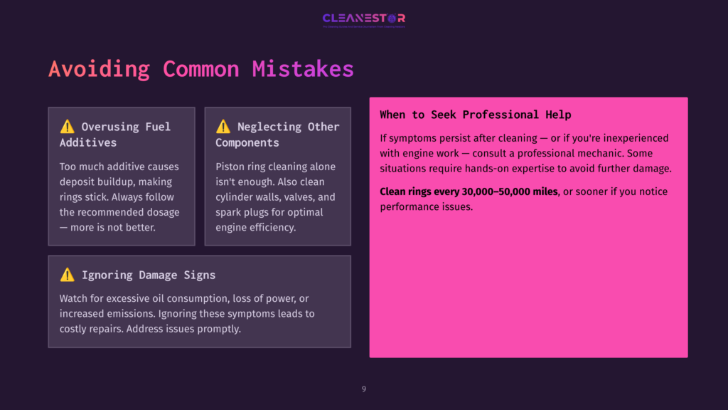 9 Avoiding Common Mistakes Cleanestor Logo With Text &Quot;Avoiding Common Mistakes&Quot; And Sections On &Quot;Overusing Fuel Additives,&Quot; &Quot;Neglecting Other Components,&Quot; And &Quot;Ignoring Damage Signs,&Quot; Plus A &Quot;When To Seek Professional Help&Quot; Section.