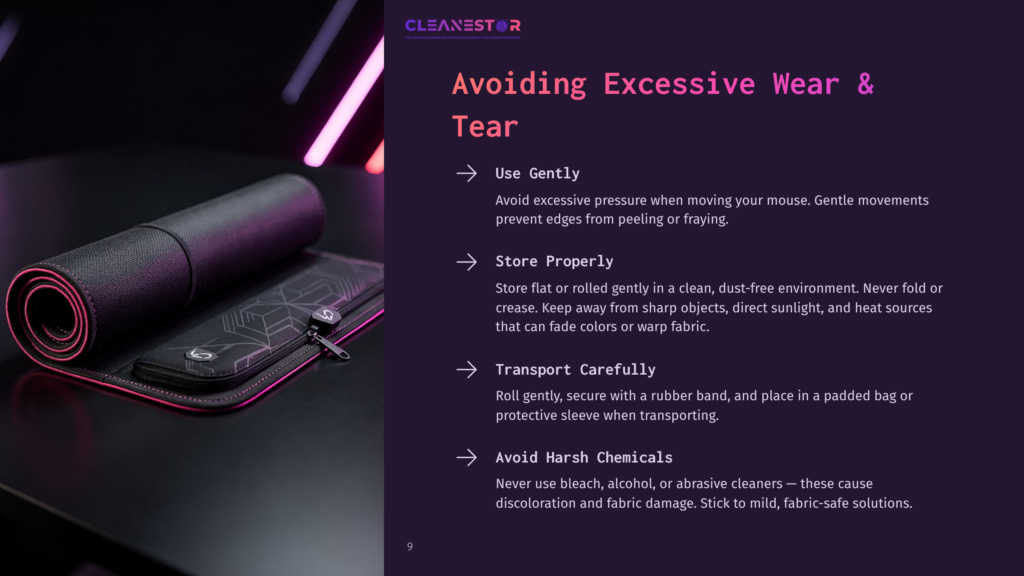 A Dark, Textured Mousepad With A Subtle Geometric Pattern And Illuminated Pink Edges Is Shown, With A Black Protective Sleeve And A Rolled-Up Mousepad In The Foreground. Text On The Right Reads &Quot;Cleanestor&Quot; And &Quot;Avoiding Excessive Wear &Amp; Tear&Quot; With Bullet Points On Proper Use, Storage, Transport, And Chemical Avoidance.