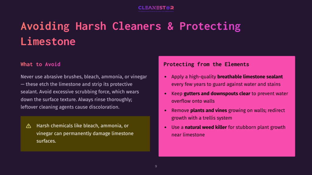 Presentation Slide Titled &Quot;Avoiding Harsh Cleaners &Amp; Protecting Limestone&Quot;. Left Side Lists &Quot;What To Avoid&Quot; With Warnings About Abrasive Brushes, Bleach, Ammonia, And Vinegar. Right Side, &Quot;Protecting From The Elements,&Quot; Advises Sealing Limestone, Clearing Gutters, And Protecting Plants.