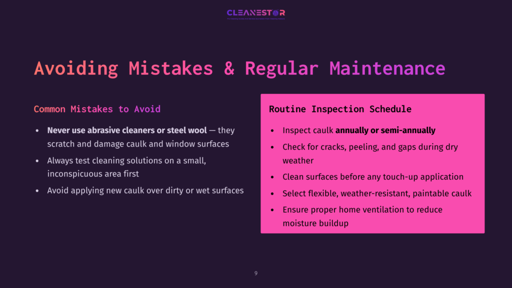 9 Avoiding Mistakes And Regular Maintenance Slide Titled &Quot;Avoiding Mistakes &Amp; Regular Maintenance,&Quot; With Two Columns: &Quot;Common Mistakes To Avoid&Quot; And &Quot;Routine Inspection Schedule.&Quot; Key Points Include Avoiding Abrasive Cleaners, Checking Caulk, And Ensuring Proper Ventilation.