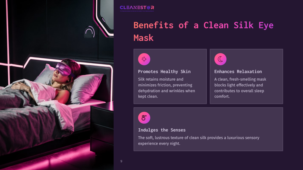 A Woman Sleeps Peacefully In A Luxurious Bed Wearing A Purple Silk Eye Mask, With The Cleanestor Logo And Benefits Of A Clean Silk Eye Mask Displayed On The Right.