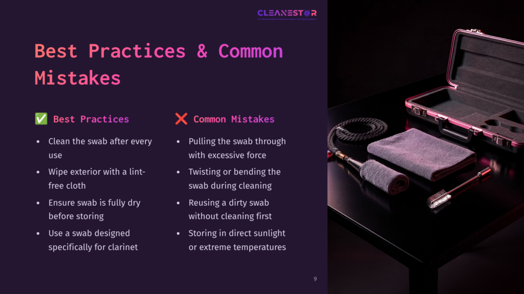 A Dark Table Displays A Clarinet Cleaning Swab, A Microfiber Cloth, And A Brush Next To An Open Clarinet Case. Text On The Left Lists &Quot;Best Practices&Quot; And &Quot;Common Mistakes&Quot; For Clarinet Care.