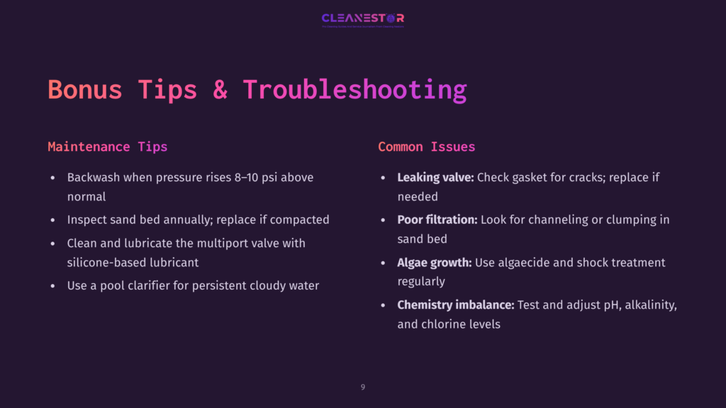 Cleanestor Logo At The Top Of A Slide Titled &Quot;Bonus Tips &Amp; Troubleshooting&Quot; With Sections On &Quot;Maintenance Tips&Quot; And &Quot;Common Issues&Quot; For Pool Care.