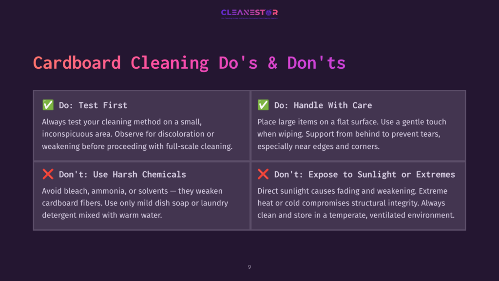 Cardboard Cleaning Do&Amp;Apos;S And Don&Amp;Apos;Ts: Test First, Handle With Care, Don&Amp;Apos;T Use Harsh Chemicals, And Avoid Direct Sunlight. The Graphic Displays Two Columns With Checkmarks And Crosses Detailing Cleaning Advice.