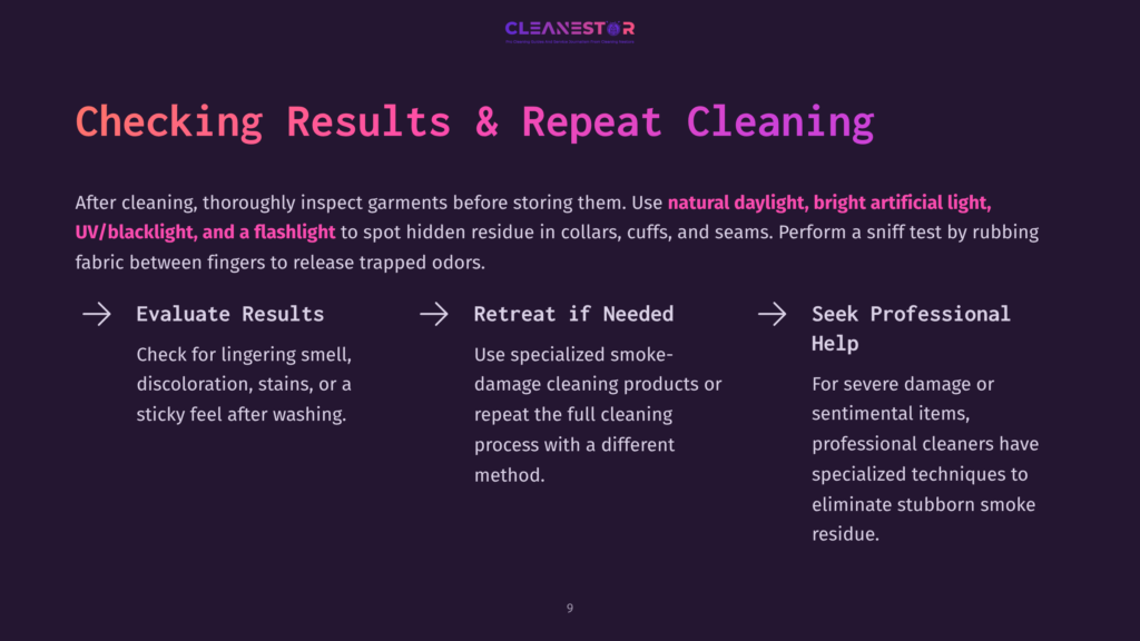 Cleanestor Logo With Text &Quot;Checking Results &Amp; Repeat Cleaning.&Quot; Instructions Include Evaluating Results, Retreating If Needed, And Seeking Professional Help For Smoke Residue Removal.