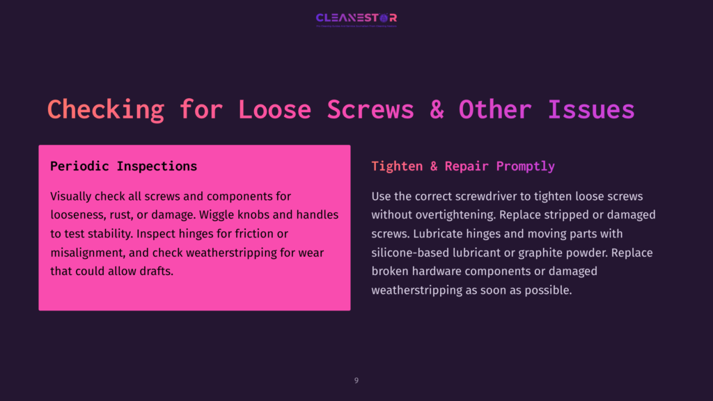 9 Checking For Loose Screws And Other Issues Text On A Dark Background: &Quot;Checking For Loose Screws &Amp; Other Issues&Quot; With Sections &Quot;Periodic Inspections&Quot; And &Quot;Tighten &Amp; Repair Promptly&Quot; By Cleanestor.