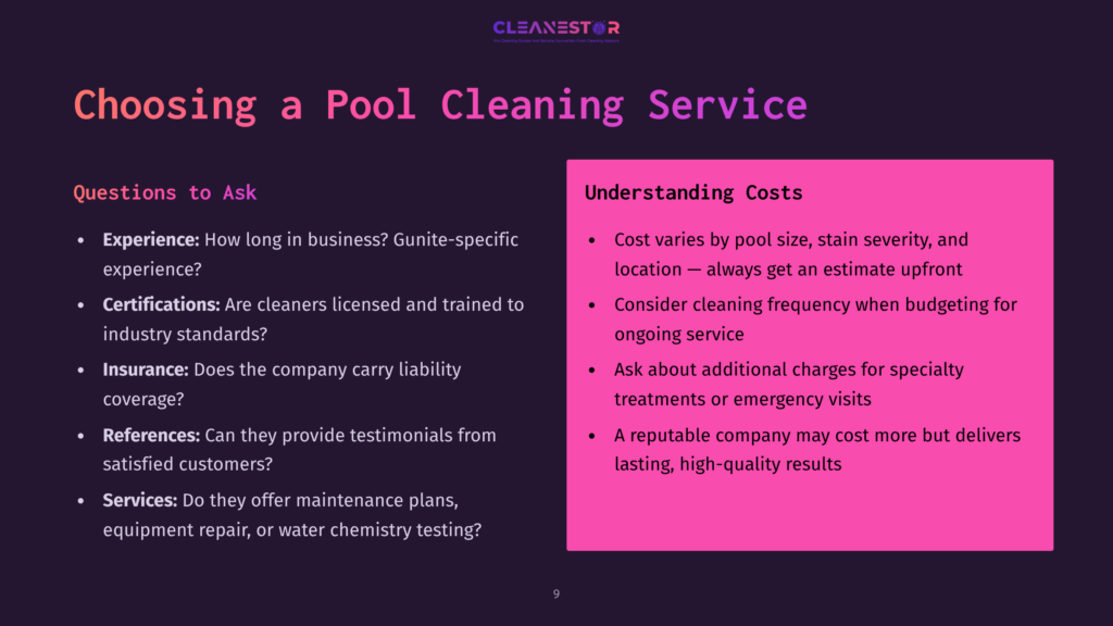 Presentation Slide Titled &Quot;Choosing A Pool Cleaning Service&Quot; With Sections &Quot;Questions To Ask&Quot; And &Quot;Understanding Costs,&Quot; Featuring Bullet Points On Experience, Certifications, Insurance, References, And Services.