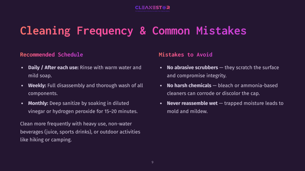 A Presentation Slide Titled &Quot;Cleaning Frequency &Amp; Common Mistakes&Quot; From Cleanestor, Detailing Recommended Cleaning Schedules And Common Cleaning Errors.