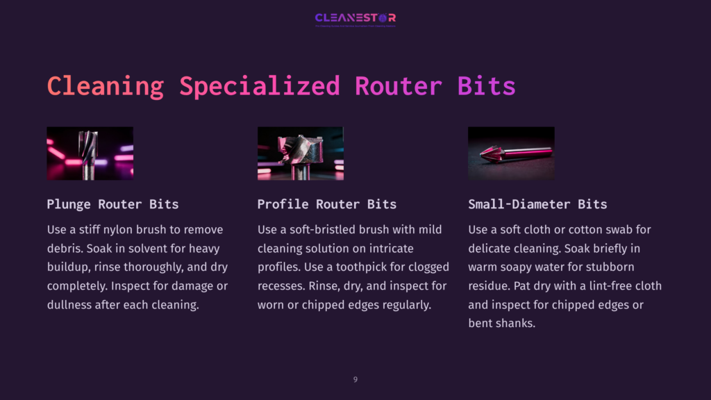Three Types Of Router Bits: Plunge Router Bits, Profile Router Bits, And Small-Diameter Bits, With Descriptions Of Their Cleaning Methods.
