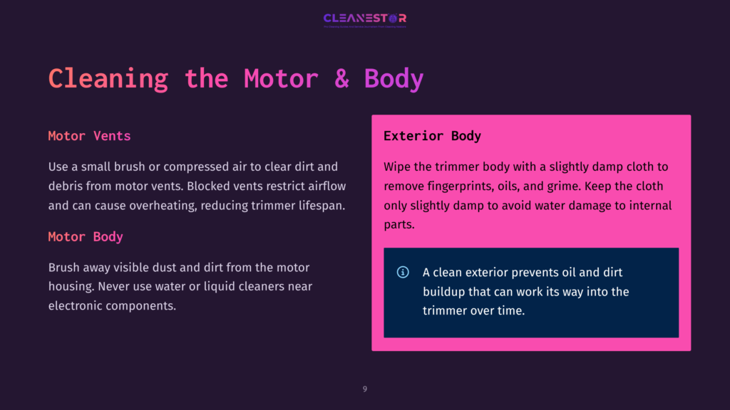 9 Cleaning The Motor And Body Cleaning The Motor And Body Of A Trimmer: Use A Brush Or Compressed Air For Motor Vents, And A Damp Cloth For The Exterior Body. Includes Cleaning Tips For A Trimmer.