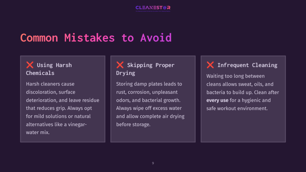 A Dark Purple Slide Titled &Quot;Common Mistakes To Avoid&Quot; Lists Three Common Cleaning Mistakes: &Quot;Using Harsh Chemicals,&Quot; &Quot;Skipping Proper Drying,&Quot; And &Quot;Infrequent Cleaning,&Quot; With Brief Explanations Under Each.