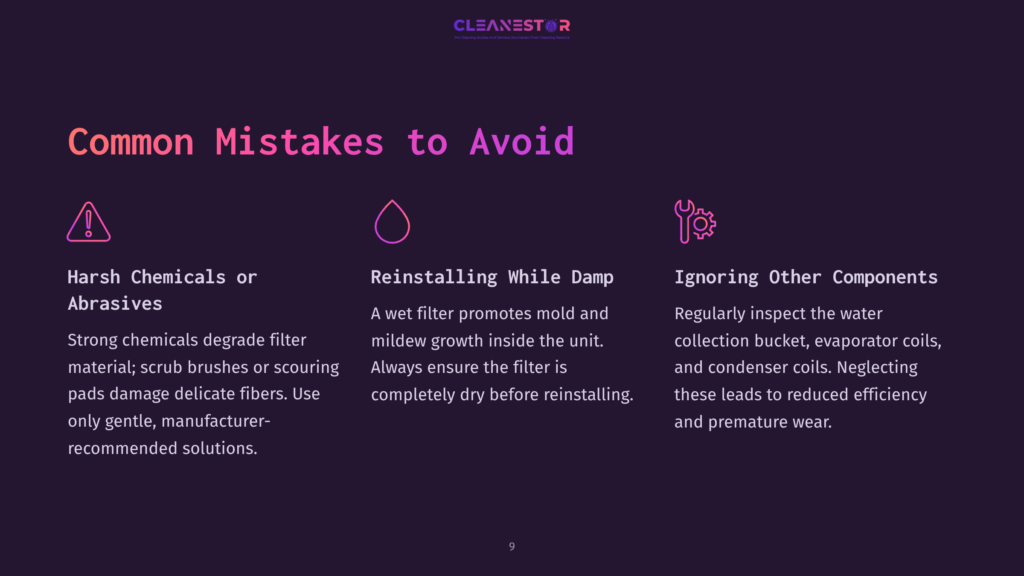 Infographic Slide Titled &Quot;Common Mistakes To Avoid&Quot; With Three Columns Detailing Harsh Chemicals, Reinstalling While Damp, And Ignoring Other Components, With Icons For Each Section.