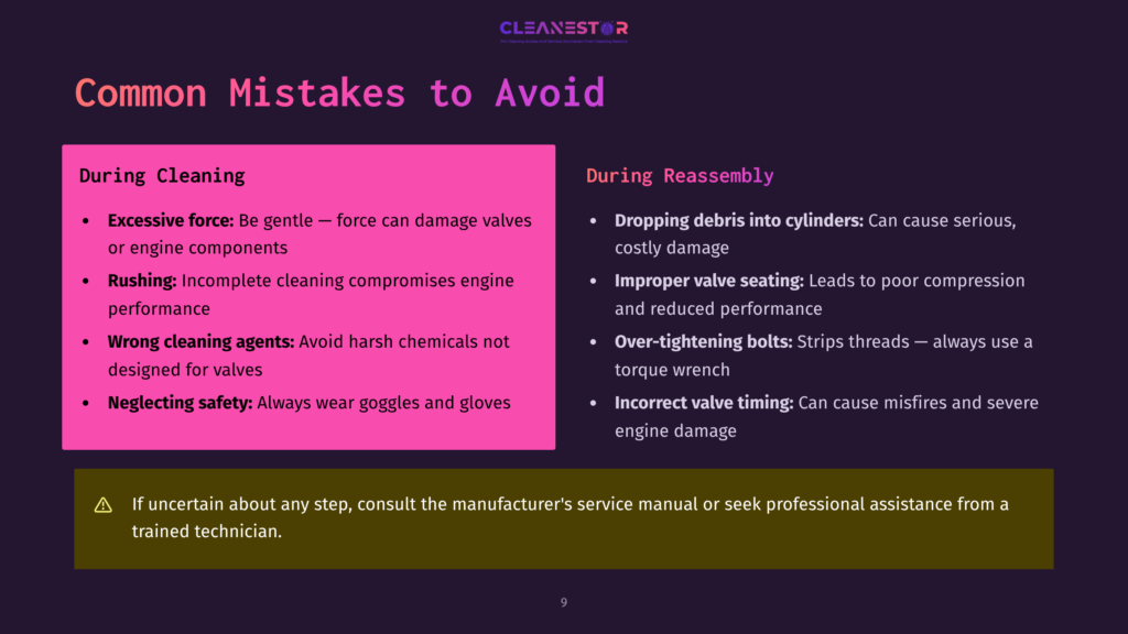 A Slide Titled &Quot;Common Mistakes To Avoid&Quot; During Cleaning And Reassembly, Listing Points Like &Quot;Excessive Force,&Quot; &Quot;Rushing,&Quot; &Quot;Wrong Cleaning Agents,&Quot; &Quot;Neglecting Safety,&Quot; &Quot;Dropping Debris Into Cylinders,&Quot; &Quot;Improper Valve Seating,&Quot; &Quot;Over-Tightening Bolts,&Quot; And &Quot;Incorrect Valve Timing.
