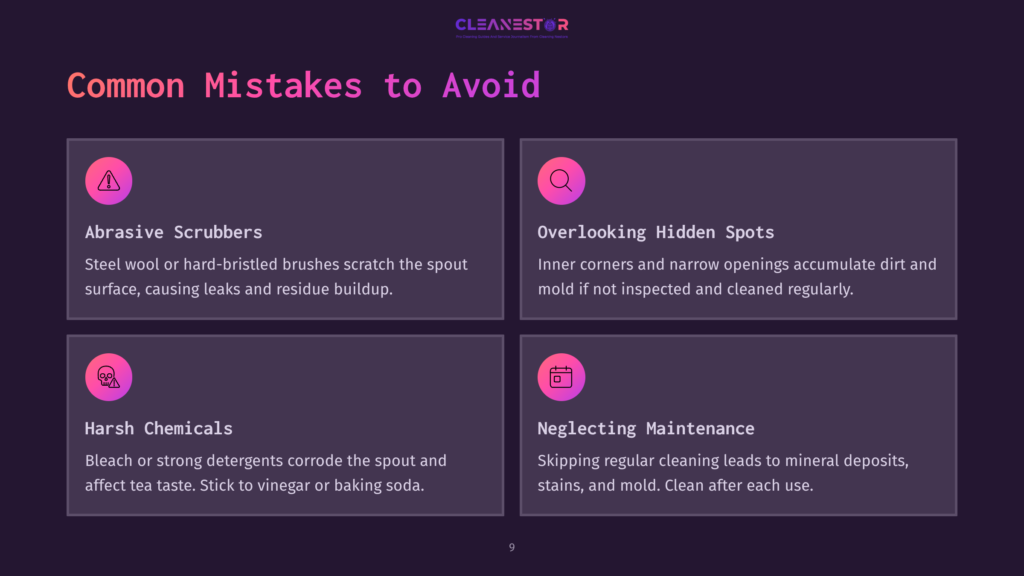 9 Common Mistakes To Avoid 3 Infographic Titled &Quot;Common Mistakes To Avoid&Quot; Detailing Four Common Cleaning Mistakes With Icons: Abrasive Scrubbers, Overlooking Hidden Spots, Harsh Chemicals, And Neglecting Maintenance.