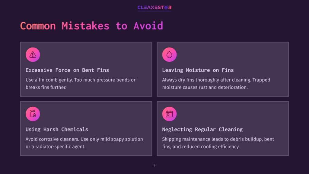 A Dark Background With A Title &Quot;Common Mistakes To Avoid&Quot; And Four Purple Boxes Detailing Cleaning Tips: &Quot;Excessive Force On Bent Fins,&Quot; &Quot;Leaving Moisture On Fins,&Quot; &Quot;Using Harsh Chemicals,&Quot; And &Quot;Neglecting Regular Cleaning.