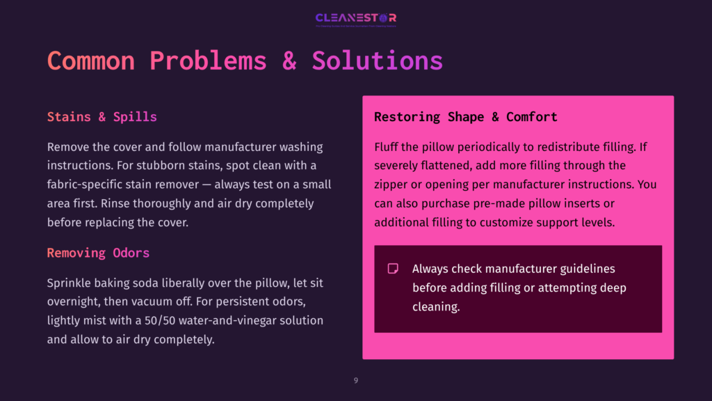 A Slide With &Quot;Common Problems &Amp; Solutions&Quot; And &Quot;Stains &Amp; Spills&Quot; With Cleaning Tips, And &Quot;Restoring Shape &Amp; Comfort&Quot; With Pillow Fluffing Advice.