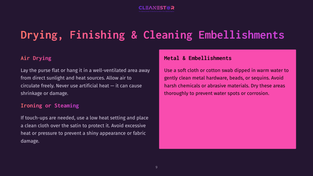 Drying, Finishing &Amp; Cleaning Embellishments: Air Drying Instructions And Metal &Amp; Embellishments Care Tips For Cleaning Purses And Bags.