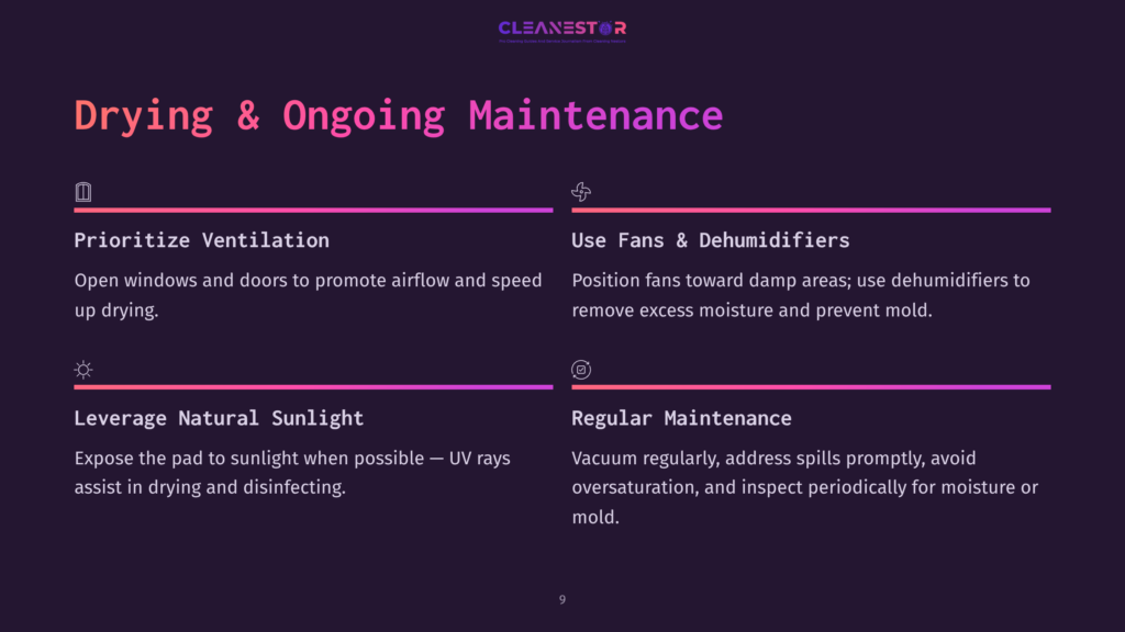 Infographic With The Title &Quot;Drying &Amp; Ongoing Maintenance&Quot; By Cleanestor, Detailing Steps Like &Quot;Prioritize Ventilation,&Quot; &Quot;Use Fans &Amp; Dehumidifiers,&Quot; &Quot;Leverage Natural Sunlight,&Quot; And &Quot;Regular Maintenance&Quot; For Effective Drying And Mold Prevention.