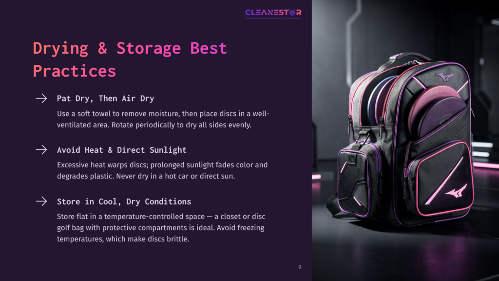 Cleanestor Disc Golf Bag With Purple And Pink Accents, Filled With Discs. Text Describes Drying, Storage, And Care For Discs, Emphasizing Avoiding Heat And Direct Sunlight.