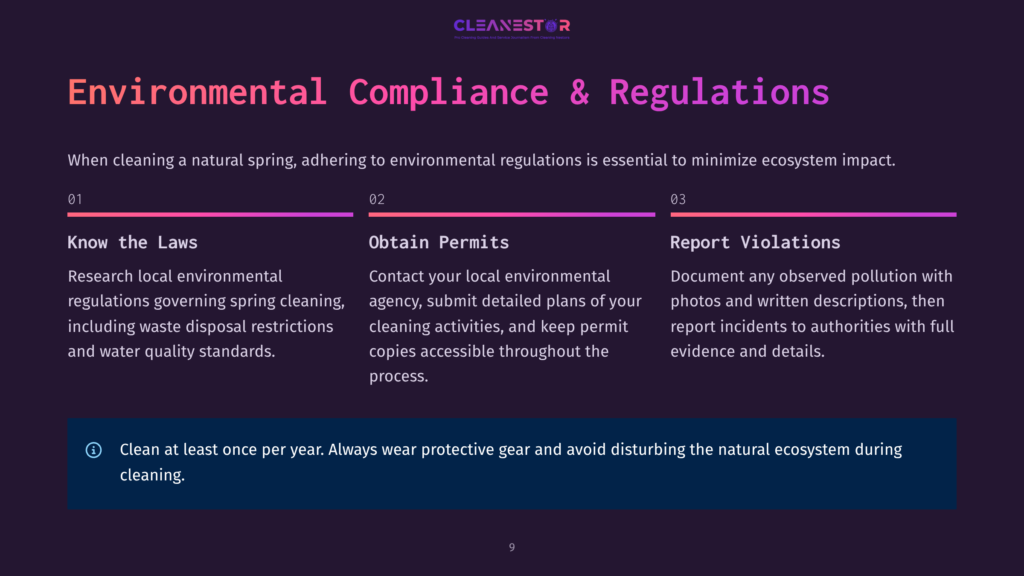 Cleanestor Logo Above &Quot;Environmental Compliance &Amp; Regulations&Quot; Text On A Dark Background. Below Are Three Columns Detailing &Quot;Know The Laws,&Quot; &Quot;Obtain Permits,&Quot; And &Quot;Report Violations,&Quot; With A Final Section On Cleaning Safety And Environmental Protection.