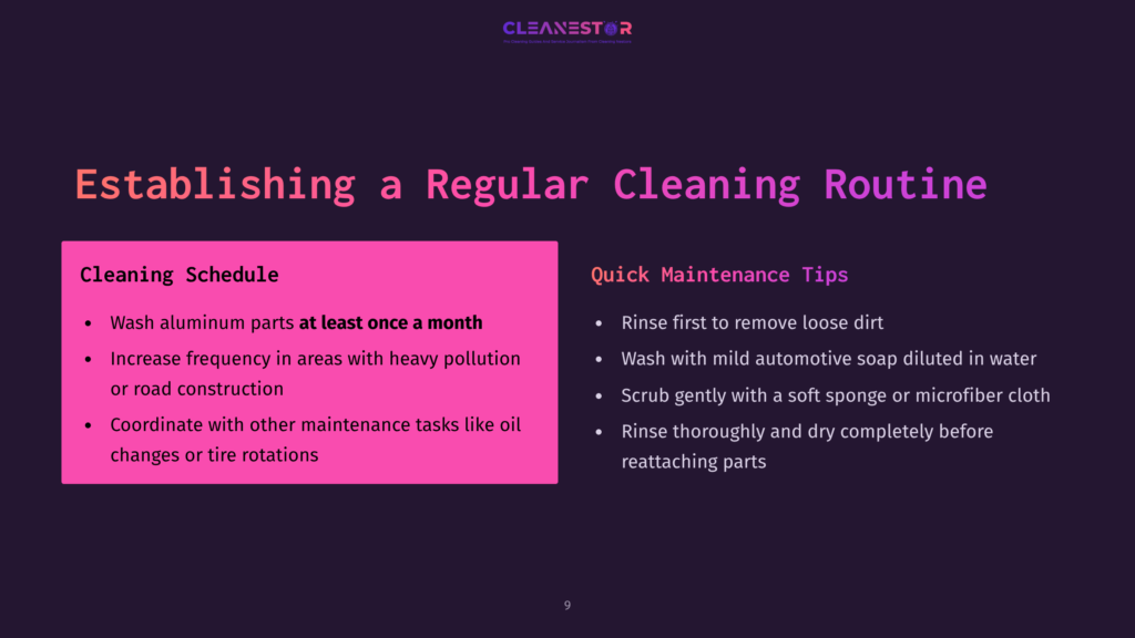 Slide Titled &Quot;Establishing A Regular Cleaning Routine&Quot; With Two Columns: &Quot;Cleaning Schedule&Quot; And &Quot;Quick Maintenance Tips.&Quot; The Schedule Section Lists Tasks Like Washing Aluminum Parts And Increasing Frequency With Heavy Pollution. The Tips Section Suggests Rinsing, Scrubbing With A Soft Sponge, And Reattaching Parts.