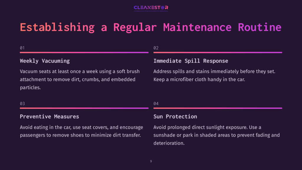 Infographic Titled &Quot;Establishing A Regular Maintenance Routine&Quot; With Four Sections: Weekly Vacuuming, Immediate Spill Response, Preventive Measures, And Sun Protection, Offering Car Care Tips.