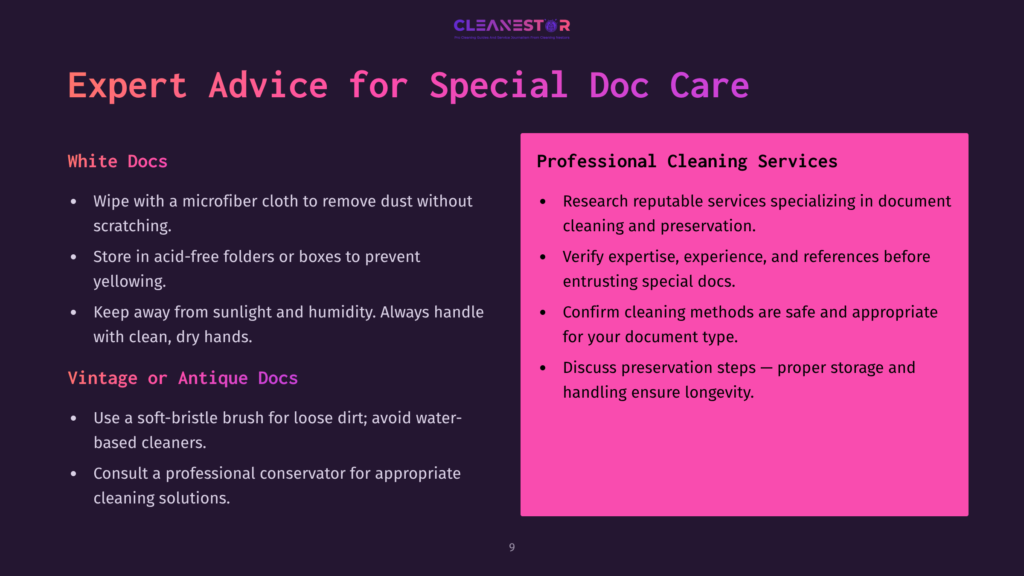 Cleanestor Presentation Slide With &Quot;Expert Advice For Special Doc Care&Quot; Title. Left Column Lists Tips For &Quot;White Docs&Quot; And &Quot;Vintage Or Antique Docs.&Quot; Right Column Lists Professional Cleaning Services Advice.