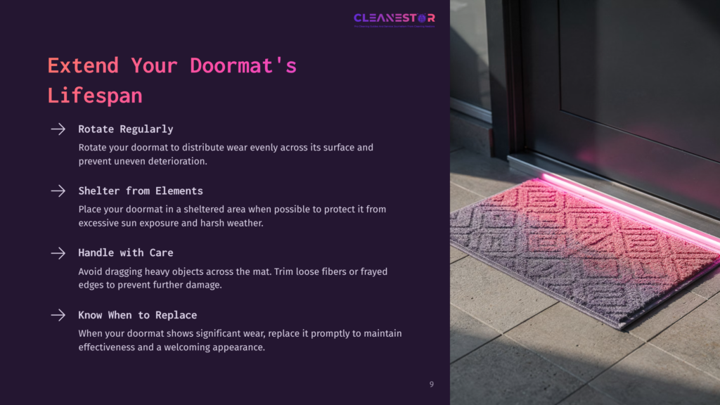 9 Extend Your Doormats Lifespan A Modern Doormat With A Gradient Of Pink And Purple Geometric Patterns Sits On A Stone Porch, Illuminated By Pink Led Lights. Text On The Left Details How To Extend A Doormat'S Lifespan.