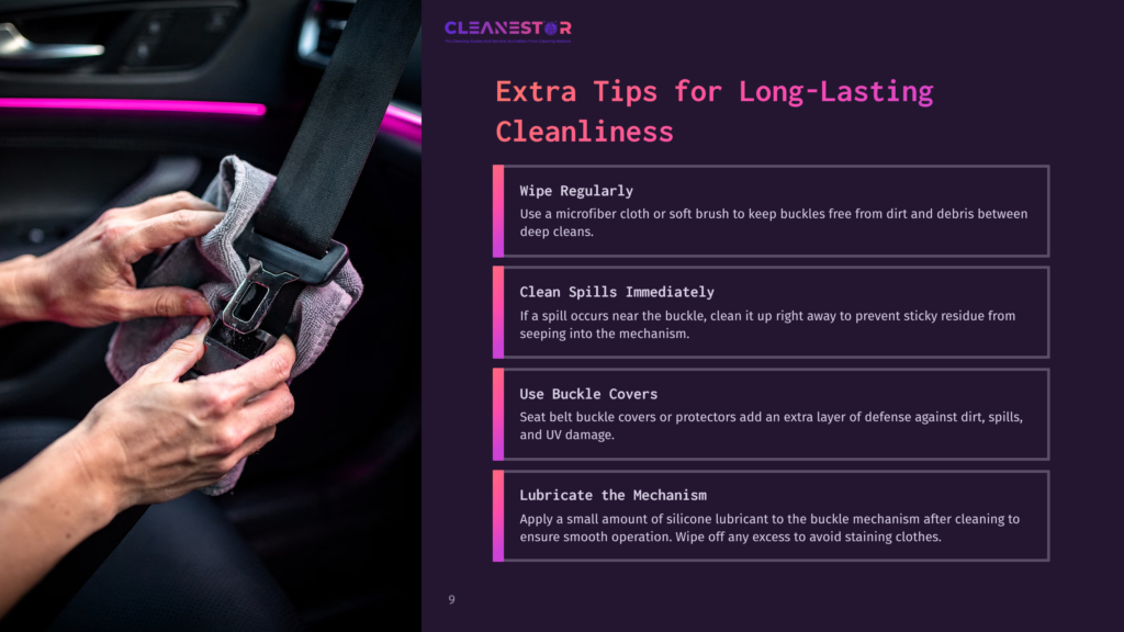 Close-Up Of Hands Using A Grey Microfiber Cloth To Clean A Car'S Seatbelt Buckle, With Pink Ambient Lighting In The Background.